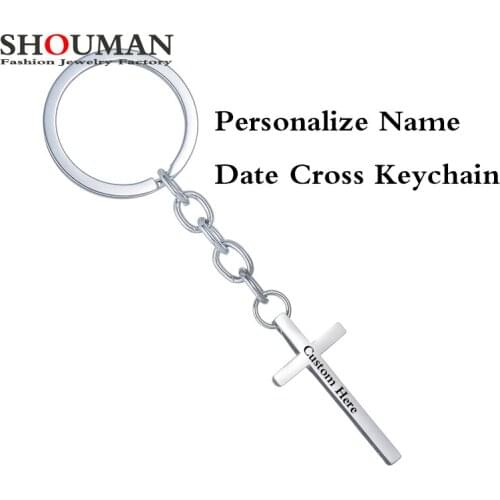 SHOUMAN Personalized Engrave Name Date 316L Stainless Steel Cross Keychain for Women Men Girls Amulet Blessing Gift