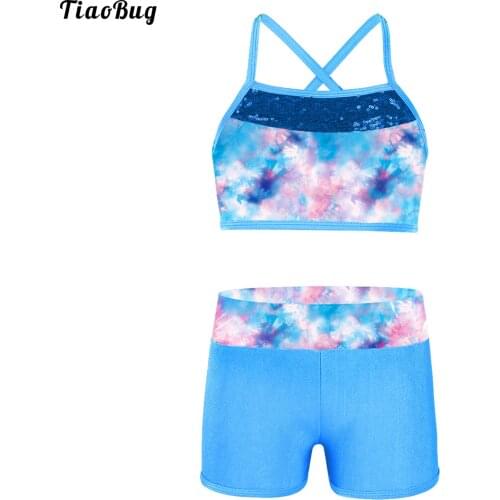 TiaoBug 2Pcs Kids Girls Outfit Sleeveless Sequins Mermaid Scales Printed Tank Top With Bottoms For Swimming Dance Yoga Sport