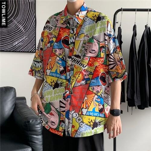Harajuku Streetwear Men Fashion Cartoon Printed Half Sleeve Shirt Hawaiian Male Loose Tops Couple Clothing Women Blouse