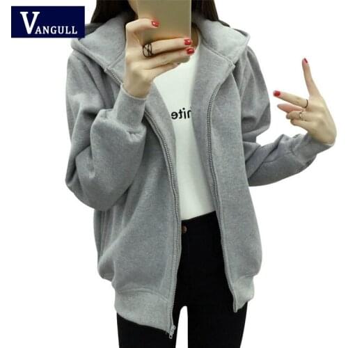 Vangull Korean Style zip-up Women Hoodies Vintage Solid Color Long Sleeve Oversized Hooded Sweatshirt Ladies Warm Velvet Hoodies