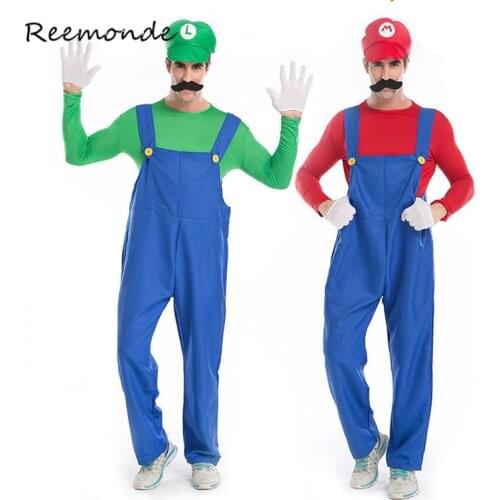 REEMONDE Adults Funy Super Luigi Brothers Plumber Cosplay Costumes For Men Boys Halloween Fancy Dress Party Costumes
