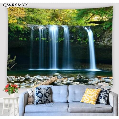 Green Forest Waterfall Landscape Tapestry Natural Scenery Wall Hanging Living Room Bedroom Decor Wall Aesthetics Art Tapestries