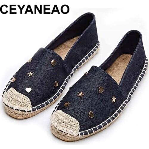 CEYANEAO Fashion Ethnic Casual Espadrilles Flat 2019 New Women Star Moon Love Slip on Fishermen Hemp Rope ShoeE1391