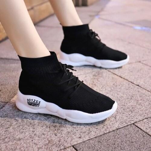 High Top Socks Sneakers Women Vulcanized Shoes Casual Breathable Chunky Sneakers Lace Up Lightweight Knitted Tenis Footwear 2019
