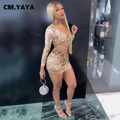 CM.YAYA Sequins Tassel Splicing Two 2 Piece Set for Women Sexy Club Night Party Outfits Crop Tops + Midi Skirt Set Fall Winter