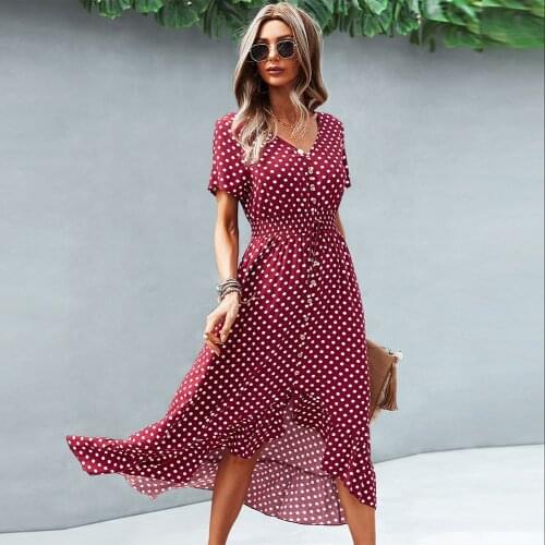 Fashion Ruffle Irregular Maxi Dress For Women Polka Dot V Neck Button Short Sleeve High Waist Large Swing Holiday Dresses Summer