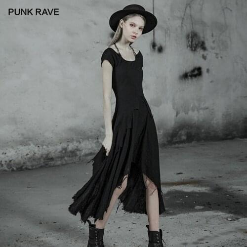 PUNK RAVE Womens Black Lace Spliced Gothic Short Sleeves Black Dress Off Shoulder Party Fashion Irregular Young Girls Dress