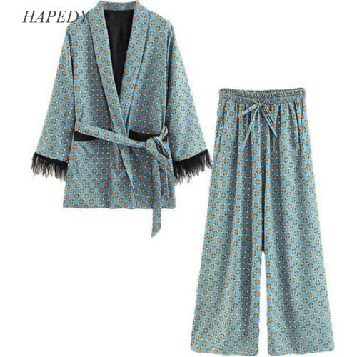 HAPEDY 2020 Blue Printed Kimono Jacket with Feather Sleeves Wide Leg Loose Cuasal Trousers Women Vintage Fashion Clothing Suits