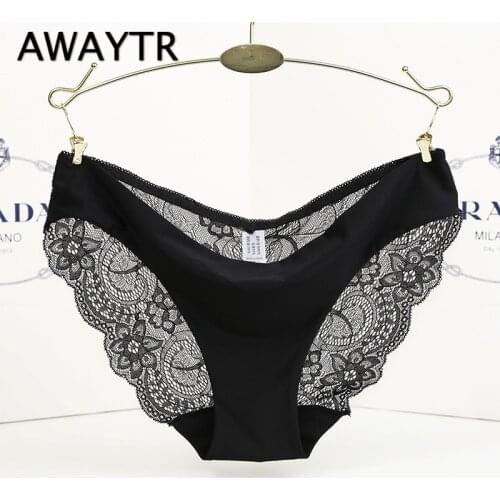 Awaytr Ice Silk Seamless Underwear Women Panties Plus Size Summer Sexy Transparent Lace Ladies Low Waist Briefs Thong Lingerie