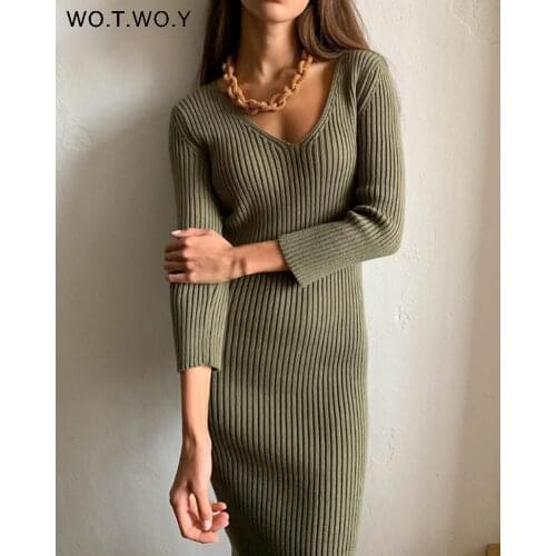 WOTWOY V-Neck Wrapped Knitted Dress Women Autumn Solid Sheath Sweater Dresses Women Knee-Length Bodycon Long Sweater Female New