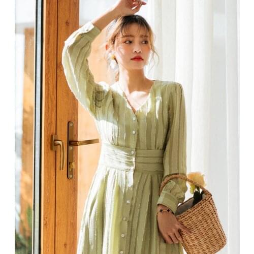 Spring dress women 2020 new spring fashion beige yellow mint v collar long sleeve high waist a-line dress mid-long ladies dress