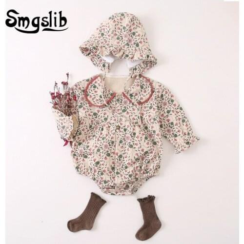 2021 Spring Newborn Toddler Girls Bodysuits Cute Lovely Infant Baby Girl Floral Bodysuit Jumpsuit Outfits Hat Casual Clothes