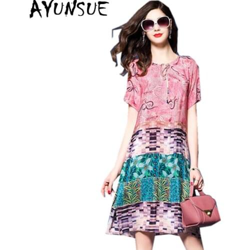 AYUNSUE Fashion 2020 Vintage Silk Print Floral Dress Women Short Sleeve Casual Slim Pink Summer Dresses Plus Size Vestido WXF772