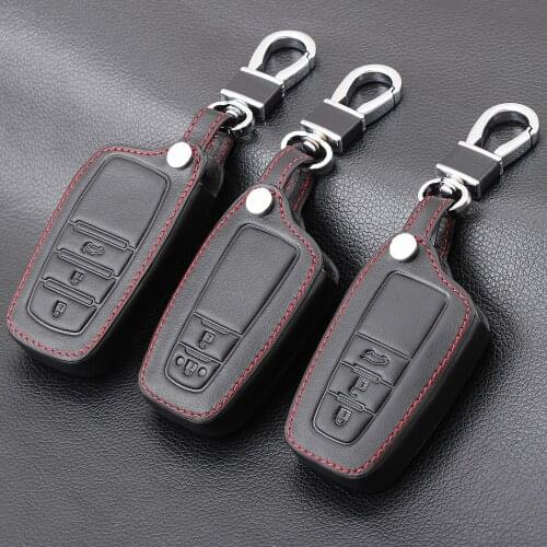 Car Key Case Leather Smart Remote Fob Shell Cover Keychain Holder Key Bag for Toyota CHR Camry Hybrid Prius Prado Land Cruiser