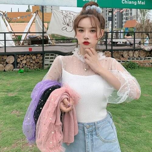 DAXIN HLace Mesh Sequin Bottoming Tshirt Summer Short Sleeve Solid Color Elegant Knit Top Ice Silk Short Sleeve Tee Shirt