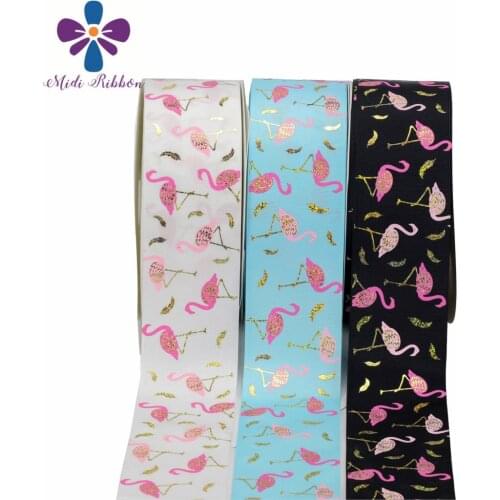 3"75mm Hologram Gold Foil Pink Flamingo Ink Printing Grosgrain Ribbon DIY Party Decor 50yards/roll Gift Bowknots Making