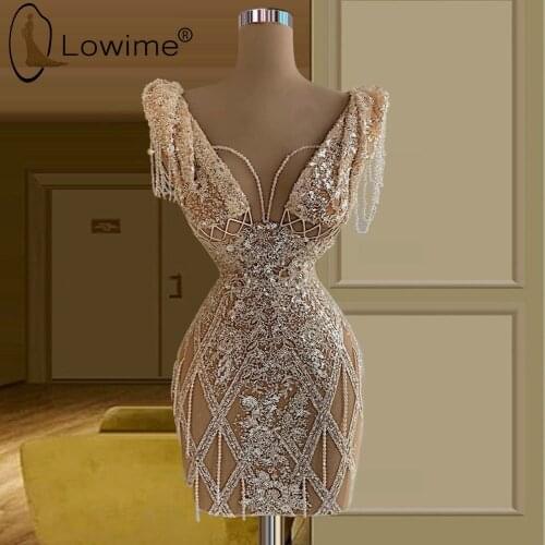 Sparkly Champagne Short Prom Dresses Sexy Illusion Robes De Cocktail Abendkleider 2021 Wedding Mini Party Gowns