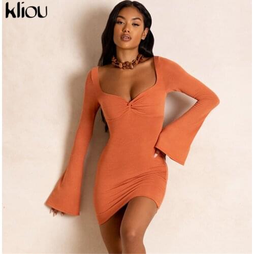 Kliou Elegant Sexy Mini Dress Women Party Dinner Style Sheath Shirring Cleavage harajuku Flare Long Sleeve V-Neck vestidos