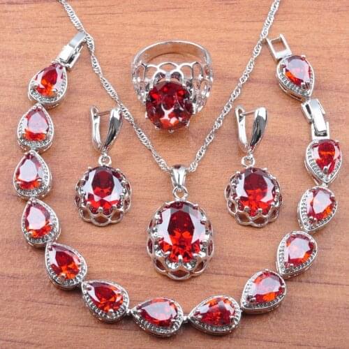 Russian Style Jewelry Sets Bracelet for Women Wedding Jewellry Natural Red Zirconia Earrings Set Silver Color Necklace Rings