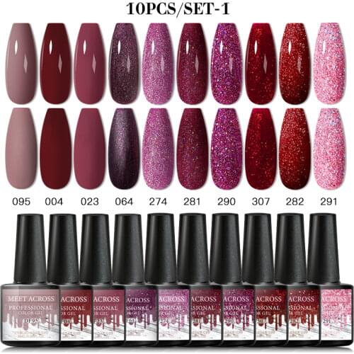 MEET ACROSS 10pcs Gel Polish Set Mix Color Nail Kit Soak Off UV Lamp Hybrid Varnishes Set Semi Permanent Gel Polish Set