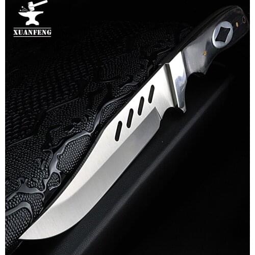 XUAN FENG New Hunting Fixed Hollow Blade Knife 5Cr13 Multifunctional Survival Knife with Steel Wood Handle