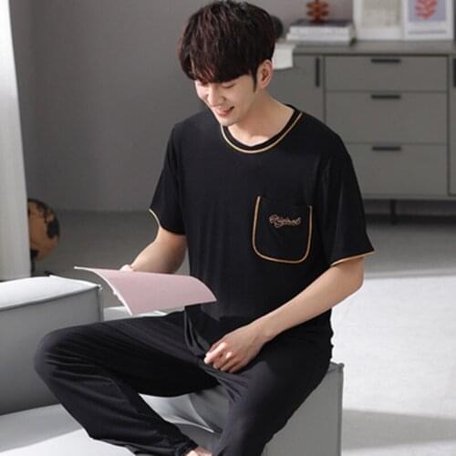 Modal Pajamas Set Black Candy Color Short Sleeve 0-Neck Shirt Sleepwear Pants Big Size Man Casual Fashion Simple Homewear