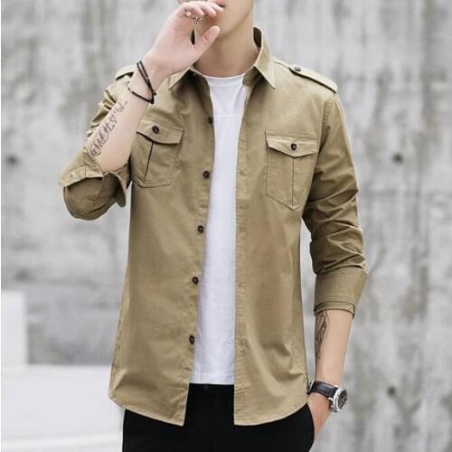 Men Shirt military Mens Long Sleeve Slim fit camisa masculina Khaki Army green Blue Shirt High Quality Shirt men Plus size M-5XL