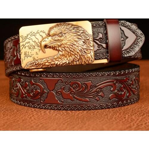 Punk Handcrafted Eagle Head Auto Lock Men Belt Genuien Leather Belts For Men High Quality Cowhide Luxury Man Strap Dress Belt