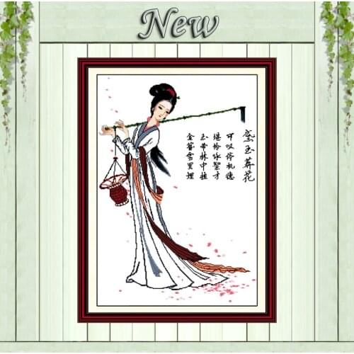Lin Daiyu burying flower girl decor paintings counted print on canvas DMC 14CT 11CT Cross Stitch Needlework Sets Embroidery kits