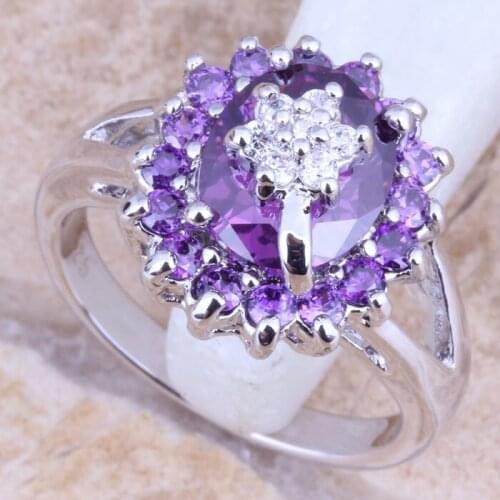 Charming White CZ Purple Cubic Zirconia Silver Plated Womens Flower Jewelry Ring Size 6 / 7 / 8 / 9 R1179