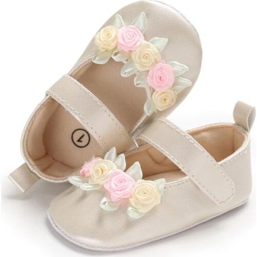 Newborn Baby Simple Small Fresh Flower Baby Girl Toddler Princess PU Shoes Champagne White First Walker