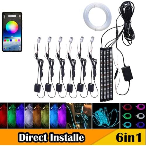 RGB Car Interior Ambient Light Neon Optical Fiber Strip with 12 led Floor lamp APP Bluetooth Control Atmosphere Lamp Thread-free