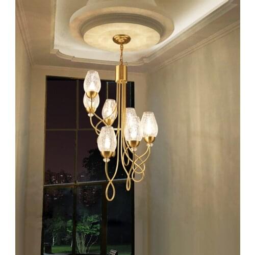 Light luxury copper glass chandelier modern villa middle building living room hall lamp rotating stairwell lighting