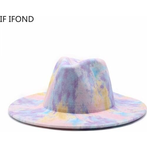 Fascinator Multicolor Tie-dye Wide Brim Top Hat Panama Solid Felt Fedoras Hat for Men Women Trilby Party Formal Hat 2021NEW