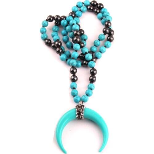 MOODPC Fashion Turquois Semi Precious Stone Knotted Hematite Stone Horn Pendant Necklaces Women Ethnic Necklace
