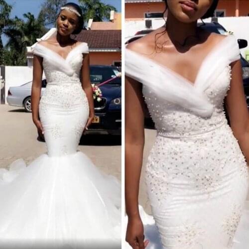 Vestidos Elegant White Off Shoulder Mermaid Lace Applique Pearls Sweep Train Custom Made Pleats Wedding Dress Bridal Wedding Gow