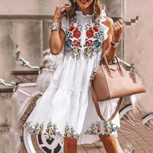 Casual Floral Print Loose Mini Dress Woman Summer Fashion Ruffles Beach A-line Dresses For Women 2021 Plus Size 5xl Robe Femme