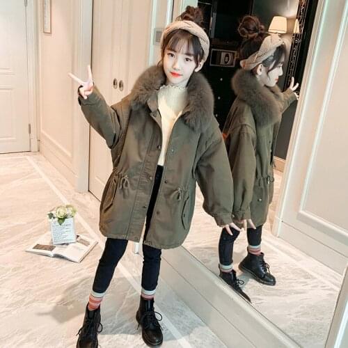 Girls winter casual jacket Girls' solid color plus velvet warm jacket Girl foreign style fur collar faction overcomes