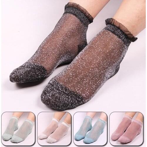 1Pair Fishnet Women Lace Ruffle Soft Comfy Sheer Silk Elastic Mesh Knit Frill Trim Transparent Ankle Glitter Socks