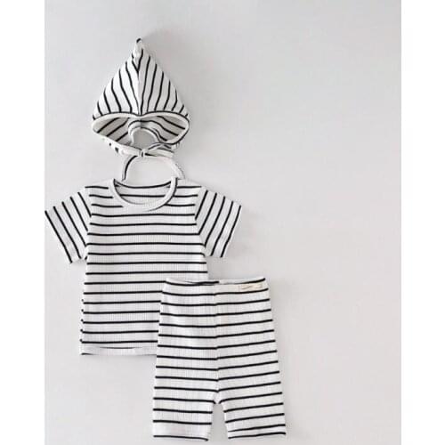 2021 Babys Girls Boys 3 Pcs Striped Set T Shirt+ Shorts+Hat Summer Cotton Fashion Babys Suits 6-24 Month QS339