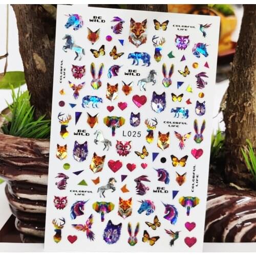 3D Nail Sticker Waterproof Shining Decals Stickers for Nails Cartoon Animal Wolf Bird Nail Art Decoration Aurora Silver Design
