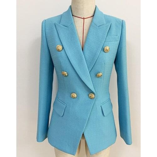 Free Shipping High Quality Sky Blue Blazers Women Elegant Stylish Double Breasted Slim Blazer Outwear Office Lady Fashion Formal