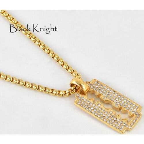 Black Knight Stainless steel knife razor blade Men Necklace Fashion full rhinestones Hip hop Pendant Necklace Jewelry BLKN0423