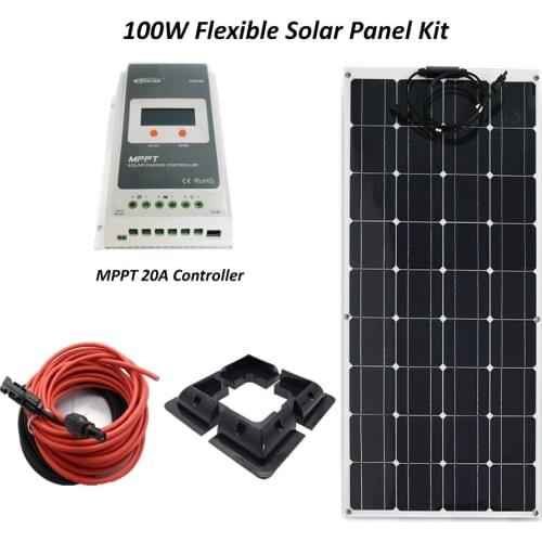 DIY Solar System Kits 100W 1x100W flexible solar panel, 1x 20A MPPT solar controller,5M Solar cables, 4pcs brackets RV/Marine