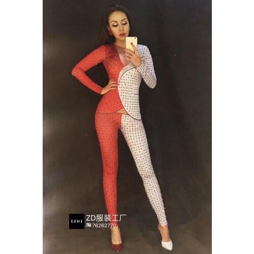 Women Full Diamond Red & White Stitching 3D Print Suit Siamese Long Bar Sexy Costume Dance Costume Party Celebration Birthday