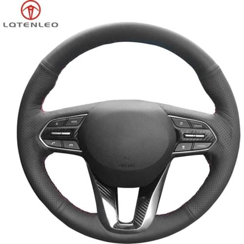 LQTENLEO Black Genuine Leather Hand-stitched Car Steering Wheel Cover For Hyundai Santa Fe 2019-2020 Palisade 2020
