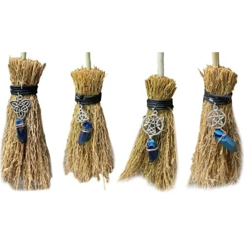 Mini Broom Straw Witch Brooms with Hanging Crystal Pendant Decorations for Halloween Wicca Altar Broom Witchcraft Accessories