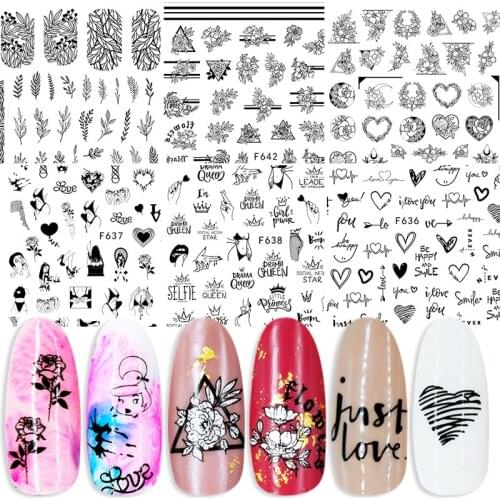 Fashion nail art stickers self glue adhesive for 3D manicure accessories black heart flora geometric lines henna sticker WG072