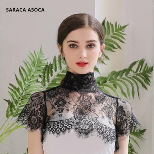 Fashion Lace Perspective Black Standing Detachable Collars Shawl Women All Match Lace Sweater Faek Collar Smock Lady A332-1
