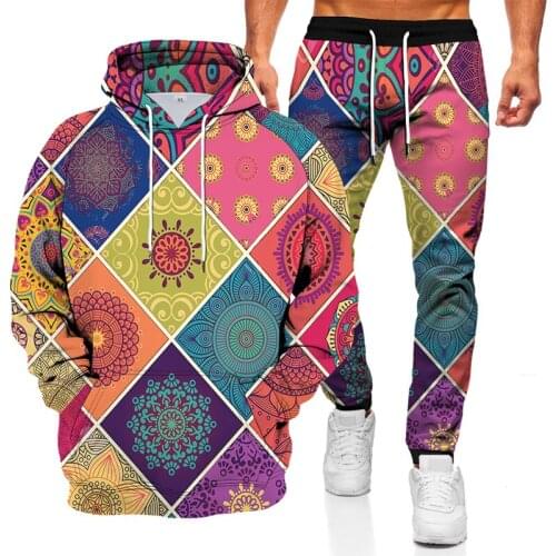 Autumn and winter diamond square 3D printing mens hooded sweater suit mens sportswear long-sleeved mens suit